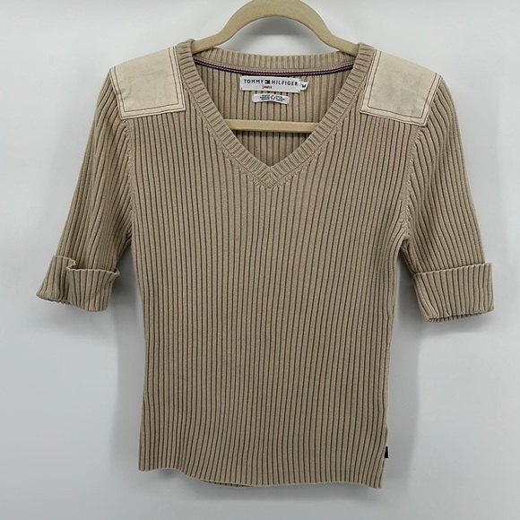 Tommy Hilfiger Tan Cream Ribbed Mid Cuffed Sleeve Shirt Sz Medium - Picture 1 of 11